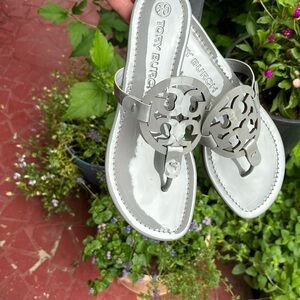 Tory Burch gray patent leather Miller sandals